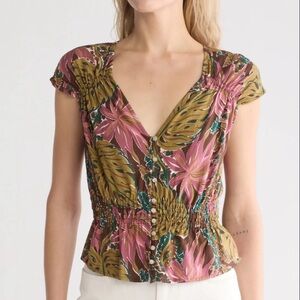 Madewell Women’s Short Sleeve V-neck Tropical Boho Floral Print Linen Blend Top